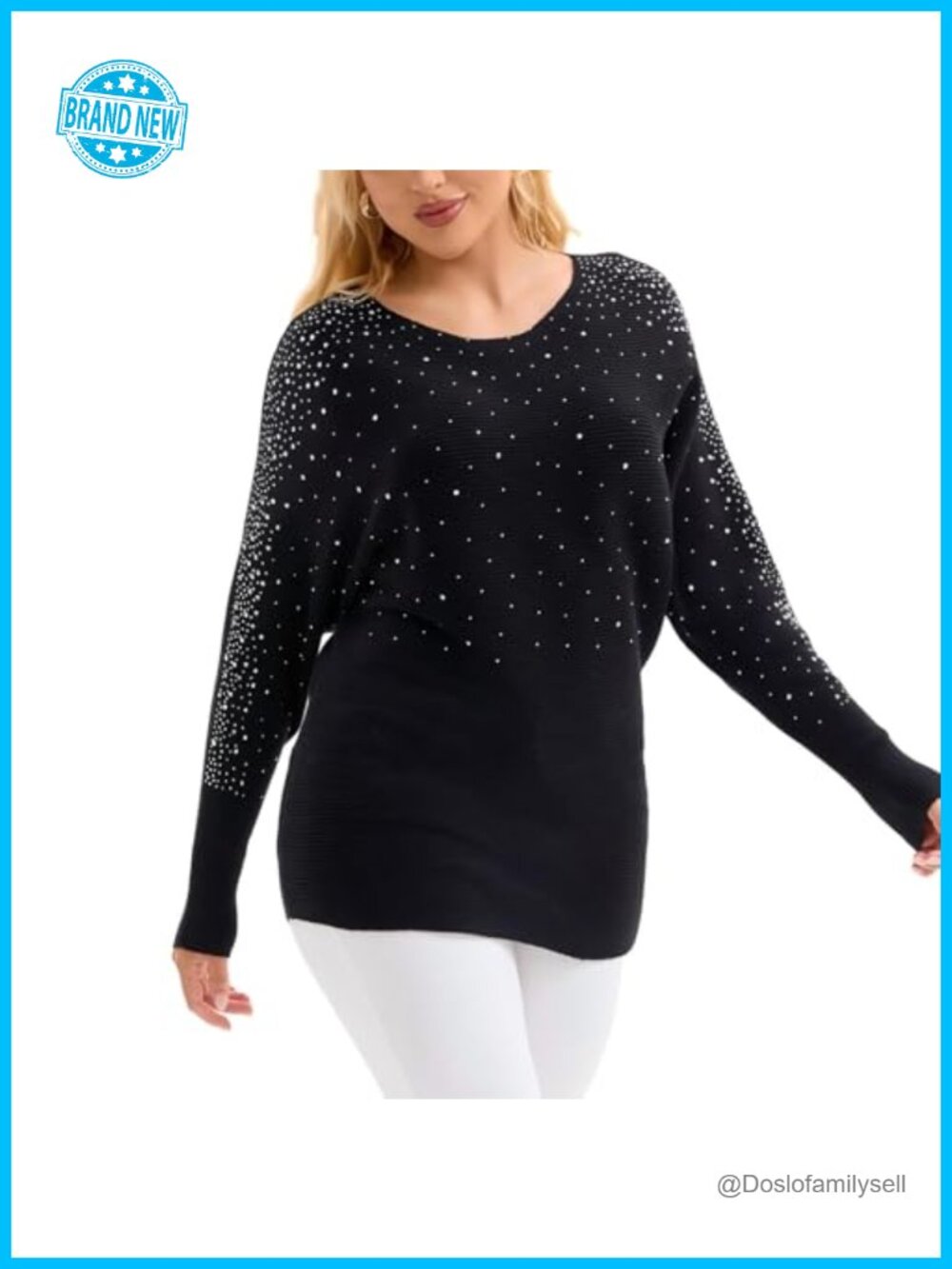 Rhinestone Batwing Sleeve Ribbed Knit Tunic Pullover Sweater